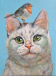 Vilma van den Berg, Witte kat met roodborst, 235 euro, Acryl op doek in baklijst, 24x18 cm