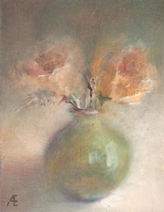 Anneke Elhorst, Gele rozen, 275 euro, Olieverf op paneel zonder lijst, 15x12x3 cm
