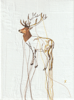 Judith Koning, Hert, 125 euro, Mixed media met vintage vogelboek en damast zonder lijst, 24x18 cm