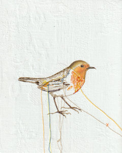 Judith Koning, Roodborst, 125 euro, Mixed media met vintage vogelboek en damast zonder lijst, 21x17 cm