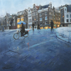 Richard van Mensvoort, Winteravond Amsterdam 2 torensluis-singel, Olieverf op doek, 50x50 cm, €.1750,-