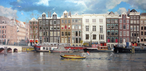 Richard van Mensvoort, Hollands Licht aan de Amstel, Olieverf op doek, 70x140 cm, €.3500,-