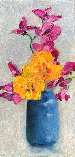 Anne Jitske Salverda, Heftige kleuren in mijn tuin, 195 euro, Olieverf op paneel zonder lijst, 26x13 cm