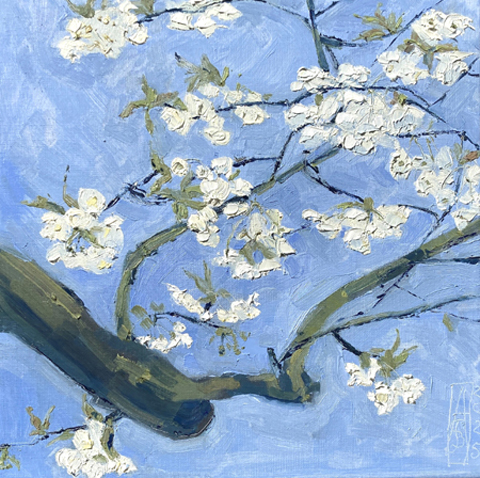 Anne Jitske Salverda, Kersenbloesem, 395 euro, Olieverf op doek zonder lijst, 40x40 cm