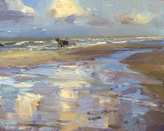 Roos Schuring, SSU09 Seascape-Morning-Cloud-Reflections-and-Horse-Carriage, Oil on canvas in frame, 23x30 cm, €.950,-