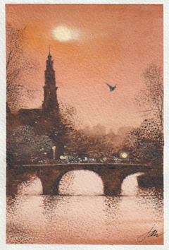 Jan Thiecke, Westertoren oranje avondlicht 2, 225 euro, Aquarel in licht houten lijst, 15x20 cm in A4 lijst