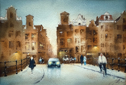 Jan Thiecke, Langs de gracht/heidesteeg, 275 euro, Aquarel in donker houten lijst, 15x20 cm in A4 lijst