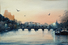 Jan Thiecke, Magere Brug,  275 euro, Aquarel in donker houten lijst, 14x20 cm in A4 lijst