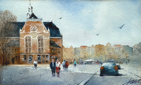 Jan Thiecke, Noorderkerk, 275 euro, Aquarel in donker houten lijst, 14x23 cm in A4 lijst