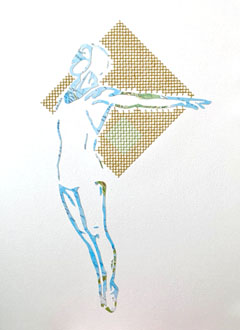 Renee Toonen, Zwemster 4, 200 euro, Gemengde techniek met landkaart en kruissteekjes in lijst, 40x30 cm