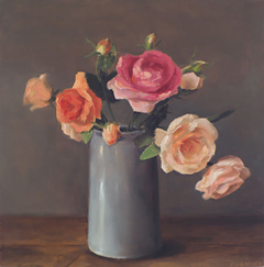 Serge de Vries, Rozen in een vaas, 900 euro, Olieverf op paneel in bruin houten lijst, 30x30 cm