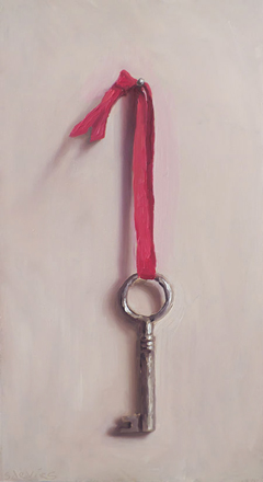 Serge de Vries, Sleutel met rood lint, 325 euro, Olieverf op paneel zonder lijst, 20,5x11,5 cm