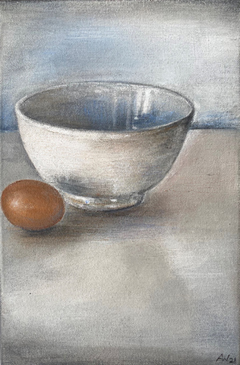 Antje Weber, Little bowl with egg, 80 euro, 30x20 cm, acryl op doek zonder lijst