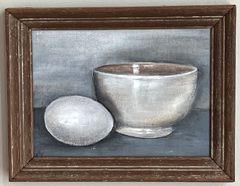 Antje Weber, Stillife with egg, 150 euro, Acryl op doek in oude lijst, 18x23 cm