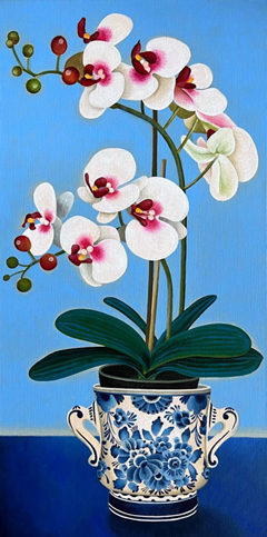 Yvonne Zomerdijk, Orchidee 1 blauw, 1800 euro, Olieverf op doek in baklijst, 120x60 cm