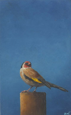 Marc van der Zwet, Putter op paaltje, 280 euro, Olieverf op paneel in baklijstje, 8,2x13,2 cm