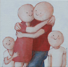 Sanne Kuiper, Happy Family, Acryl op doek in witgewassen houten lijst, 18x18 cm, €.170,-