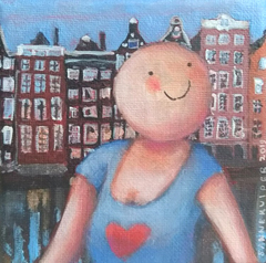 Sanne Kuiper, Mijn Amsterdam, Acryl op doek in houten baklijstje, 10x10 cm, €.110,-