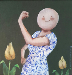 Sanne Kuiper, Flowervrouw 2, Acryl op doek in baklijstje, 18x18 cm, €.125,-
