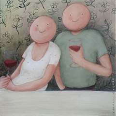 Sanne Kuiper, Wijntje drinken, Acryl op doek in houten baklijst, 40x40 cm, €.315,-