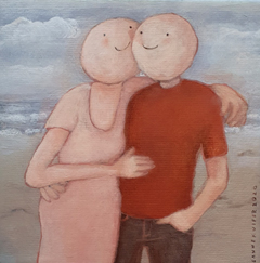 Sanne Kuiper, Happy on the beach, Acryl op doek in baklijst, 20x20 cm, €.145,-
