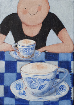 Sanne Kuiper, Koffie voor twee, 18x18 cm, 115,- euro, Acryl op doek in baklijst
