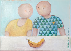 Sanne Kuiper, Halve banaan, 175 euro, Acryl op doek in baklijst, 13x18cm