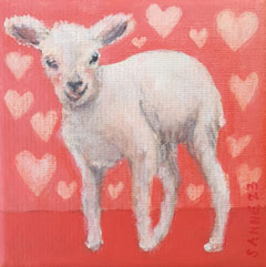 Sanne Kuiper, lam in love, 110 euro, Acryl op doek in baklijstje. 10x10 cm