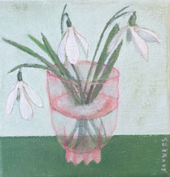Sanne Kuiper, Sneeuwklokjes in roze glaasje, 110 euro, Acryl op doek in baklijstje. 10x10 cm