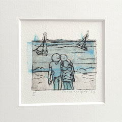 Sanne Kuiper, Aan Zee (zwart/wit/blauw), 45 euro, Ets droge naald in lijstje, 5x5 cm (12x12 cm)