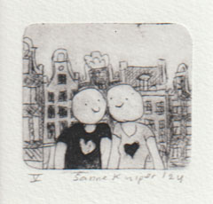 Sanne Kuiper, In Love 5 (meedere afdrukken allemaal verschillend in de galerie), 45 euro, Ets in passepartout en lijstje, 12x12 cm