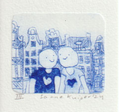 Sanne Kuiper, In Love 5 blauw (meedere afdrukken allemaal verschillend in de galerie), 45 euro, Ets in passepartout en lijstje, 12x12 cm