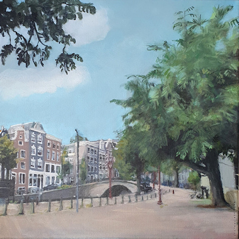 Sanne Kuiper, Vanaf het Amstelveld, 750 euro, Acryl op doek in houten baklijst, 40x40 cm