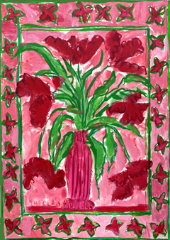 Thecla Renders, Vaas met rode bloemen, Gemengde techniek op papier en hout (zonder lijst), 42x30 cm, €.225,-