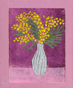 Thecla Renders, Mimosa, Gemengde techniek op papier op hout, 24x20 cm, €.195,-