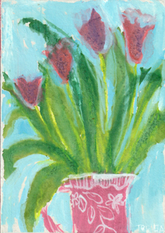 Tecla Renders, Reminiscence (roze tulpen), Gemengde techniek op papier op paneel, 21x30 cm, €.175,-