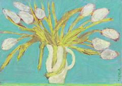 Tecla Renders, Springdance II witte tulpen, Gemengde techniek op papier op paneel, 21x30 cm, €.175,-