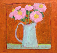 Theckla Renders, Pink flowers in orange and blue, 250 euor, Gemengde technieken op hout zonder lijst (is ook niet nodig), 22x31 cm
