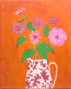 Thecla Renders, Zinnia's in orange, 300 euro, Gemengde techniek op hout zonder lijst, 31x26 cm
