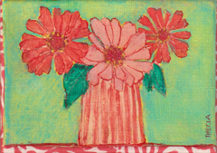Thecla Renders, Zinnia's red stripes, 250 euro, Gemengde techniek op doek zonder lijst, 13x18 cm