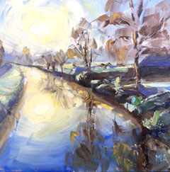 Marieke Ackerman, reflectie van het ochtendlicht, 300 euro, Olieverf op paneel in baklijst, 23x23 cm