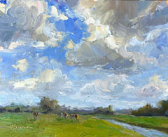 Marieke Ackerman, Heerlijke Wolkenvelden, 425 euro, Olieverf op paneel in baklijst, 24x30 cm