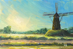 Marieke Ackerman, Molen in ochtendlicht, 125 euro, Acryl op paneel in baklijstje, 10x15 cm