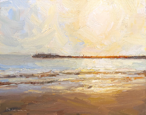 Marieke Ackerman, Sfeervolle zonsondergang, 425 euro, Olieverf op paneel in baklijst, 24x30 cm