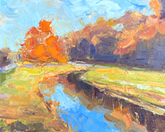 Marieke Ackerman, Knallende herfstkleuren, 425 euro, Olieverf op paneel in baklijst, 24x30 cm