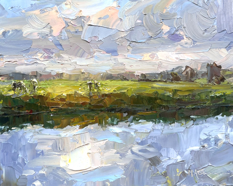 Marieke Ackerman, Reflectie van avondlicht, 425 euro, Olieverf op paneel in baklijst, 24x30 cm