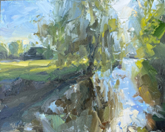 Marieke Ackerman, Treurwilg bij de watermolen, 425 euro, Olieverf op paneel in baklijst, 24x30 cm