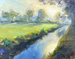 Marieke Ackerman, Ochtendzon, 425 euro, Olieverf op paneel in blankhouten baklijst, 24x30 cm