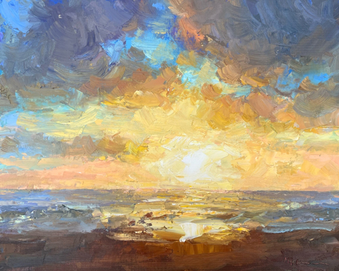 Marieke Ackerman, Verwarmende zonsondergang, 700 euro, Olieverf op paneel in blankhouten baklijst, 40x50 cm