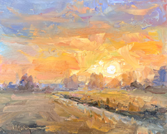 Marieke Ackerman, Zoete zonsondergang, 425 euro, Olieverf op paneel in blankhouten baklijst, 24x30 cm